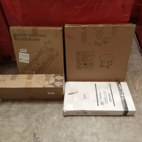 PALLET OF ASSORTED HOUSEHOLD GOODS AND PRODUCTS TO INCLUDE; MULTIFUNCTIONAL PILATES BOARD, COFFEE TABLE, SMALL RADIATOR, PLAYPEN ETC