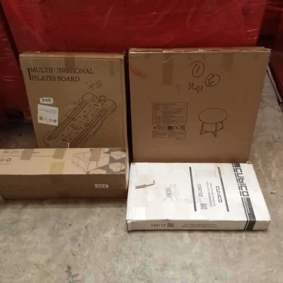 PALLET OF ASSORTED HOUSEHOLD GOODS AND PRODUCTS TO INCLUDE; MULTIFUNCTIONAL PILATES BOARD, COFFEE TABLE, SMALL RADIATOR, PLAYPEN ETC