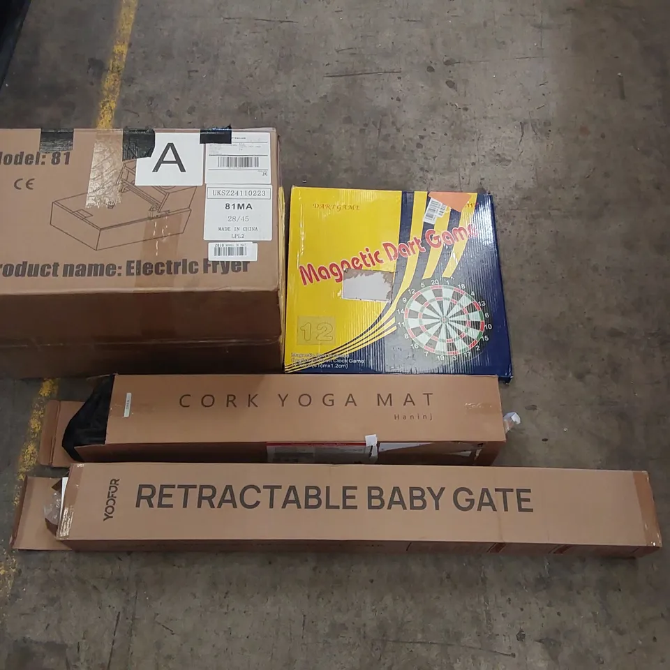 PALLET OF ASSORTED ITEMS INCLUDING: ELECTRIC FRYER, RETRACTABLE BABY GATE, YOGA MAY, MAGNETIC DART BOARD ECT