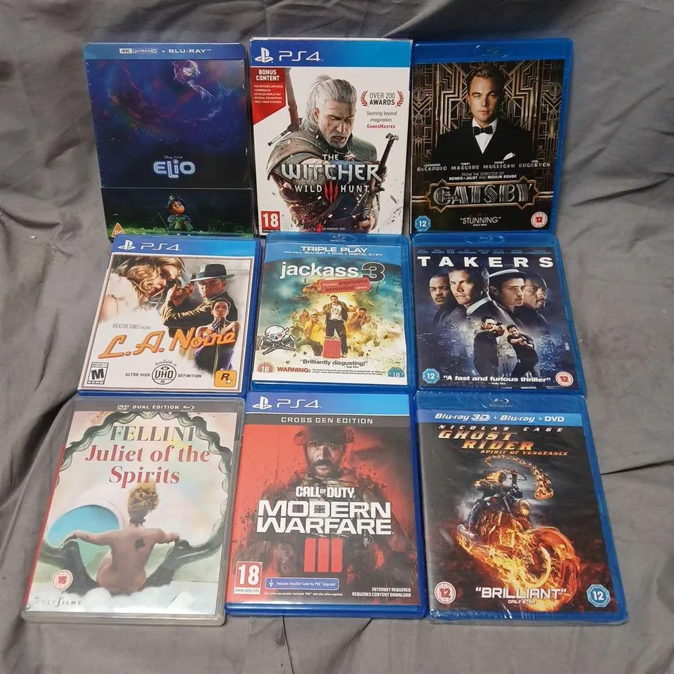 APPROXIMATELY 19 ASSORTED DVDS AND GAMES TO INCLUDE WITCHE 3 (PS4), DISNEY ELIO (BLURAY), JACKASS 3 (BLURAY), ETC