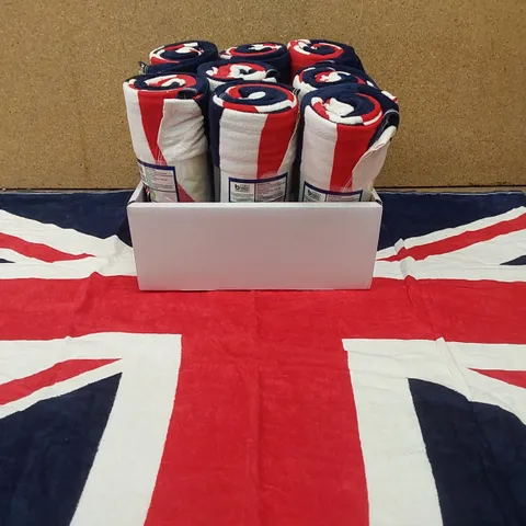 PALLET TO CONTAIN APPROX 48 BOXES OF BRAND NEW UNION JACK BEACH TOWELS - 9 TOWELS PER BOX // SIZE: APPROX 71 X 152cm // COMBINED RRP £2,376.00