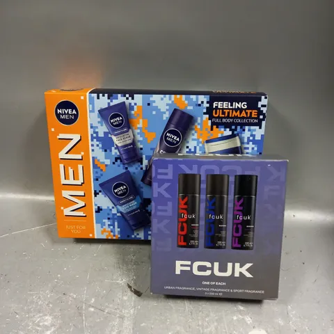 LOT OF 2 ASSORTED COSMETIC BOXSETS TO INCLUDE - FCUK FRAGRANCE SET - NIVEA MEN FULL BODY COLLECTION