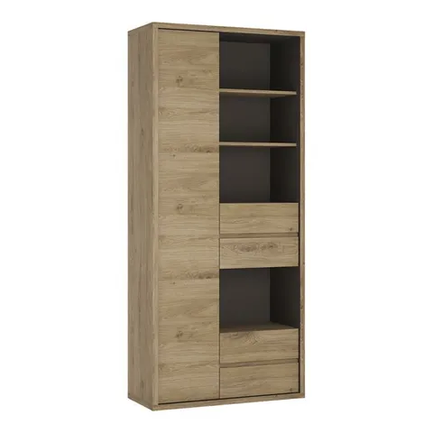 BOXED SHETLAND TALL WIDE 1 DOOR 4 DRAWER BOOKCASE - OAK FINISH (3 BOXES)