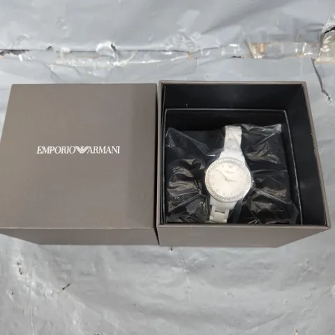 BOXED EMPORIO ARMANI WOMEN'S THREE-HAND, SILVER AND WHITE CERAMIC WATCH
