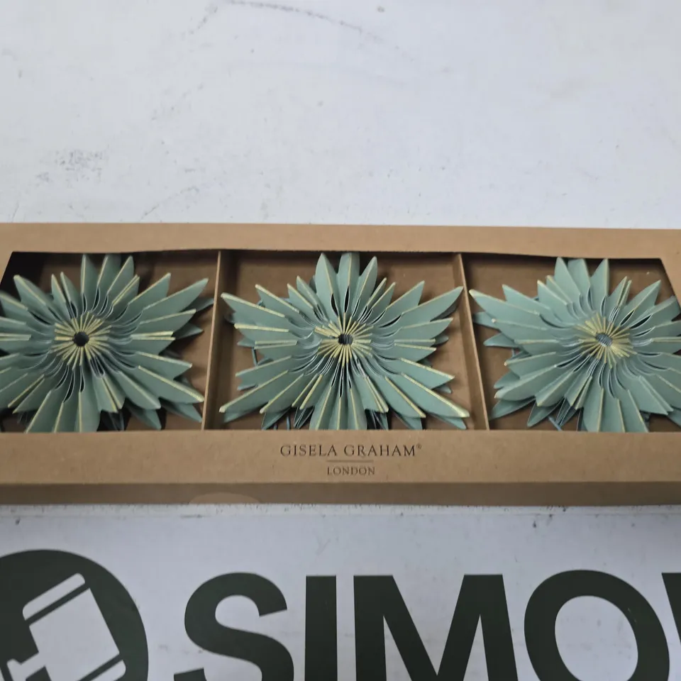 BOXED GISELA GRAHAM SAGE GREEN STARBURST SNOWFLAKE PAPER DECORATIONS - 6 PER BOX 