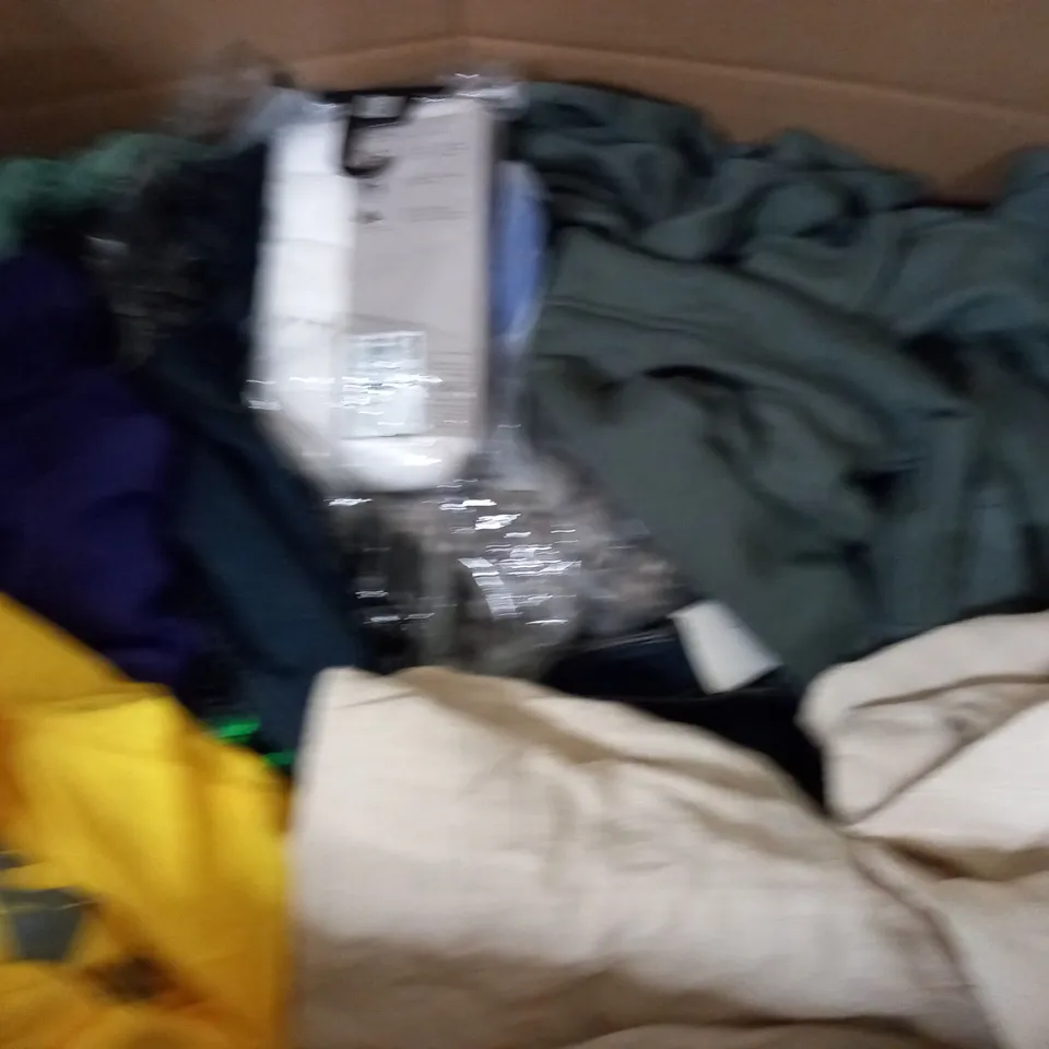 BOX OF ASSORTED CLOTHING ITEMS TOO INCLUDE JUMPERS, SHIRTS AND TROUSERS IN VARIOUS SIZES AND COLOURS   