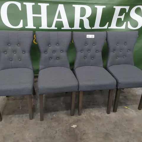 SET OF FOUR UPHOLSTERED BUTTONED BACK DINING CHAIRS GREY FABRIC ON SILVERED LEGS