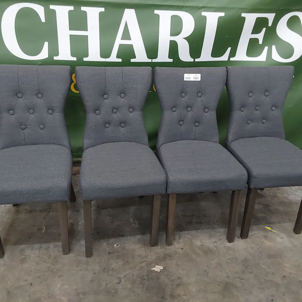 SET OF FOUR UPHOLSTERED BUTTONED BACK DINING CHAIRS GREY FABRIC ON SILVERED LEGS