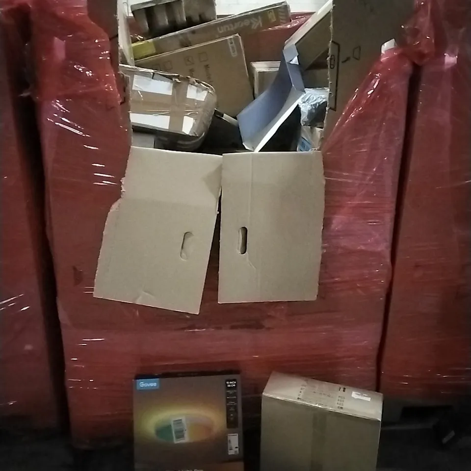 PALLET OF HOUSEHOLD ITEMS TO INCLUDE GOVEE CEILING LIGHT PRO,FLOATING SHELF, CHISEL, FLOOR LAMP AND OTHER ASSORTED ITEMS...