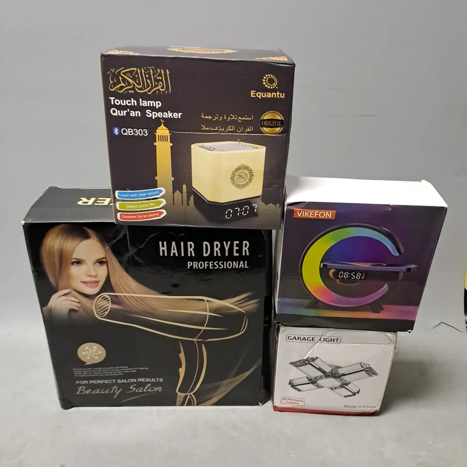 BOX OF APPROXIMATELY 8 ASSORTED ITEMS TO INCLUDE -  TOUCH LAMP , HAIR DRYER , GARAGE LIGHT ETC