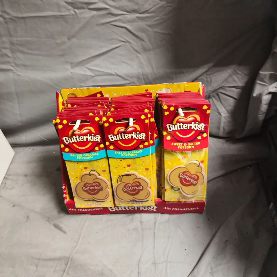BOX OF APPROXIMATELY 90 BUTTERKIST SALTED CARAMEL POPCORN CAR AIR FRESHENERS 