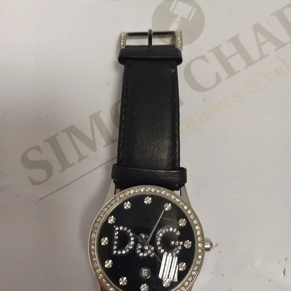 DOLCE & GABBANA SILVER EFFECT WATCH WITH BLACK LEATHER STRAP