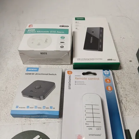 APPROXIMATELY 10 ASSORTED ELECTRICAL PRODUCTS TO INCLUDE CARBON MONOXIDE ALARM, HDMI SWITCH, USB SHARING SWITCH ETC
