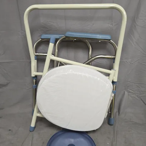 FOLDABLE COMMODE CHAIR FRAME WITH CIRCULAR SEAT PAD – WHITE & BLUE - COLLECTION ONLY