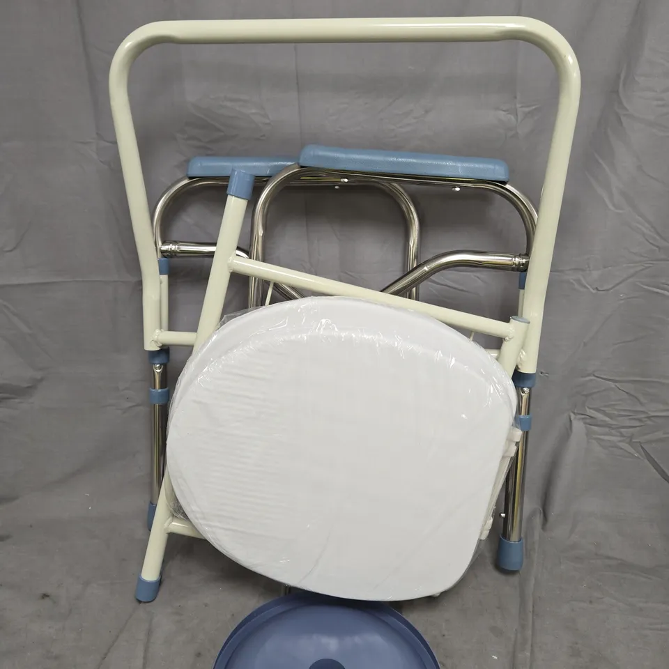 FOLDABLE COMMODE CHAIR FRAME WITH CIRCULAR SEAT PAD – WHITE & BLUE - COLLECTION ONLY