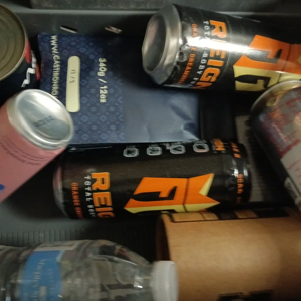 APPROXIMATELY 10 ASSORTED FOOD AND DRINK ITEMS TO INCLUDE REIGN, GHOST, ETC