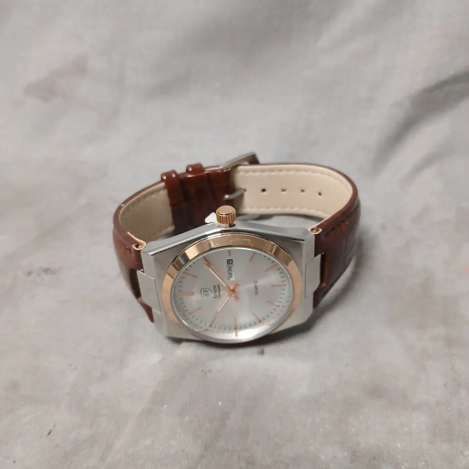 ERNEST FERDINAND QUARTZ WRISTWATCH – BROWN LEATHER STRAP, BOXED