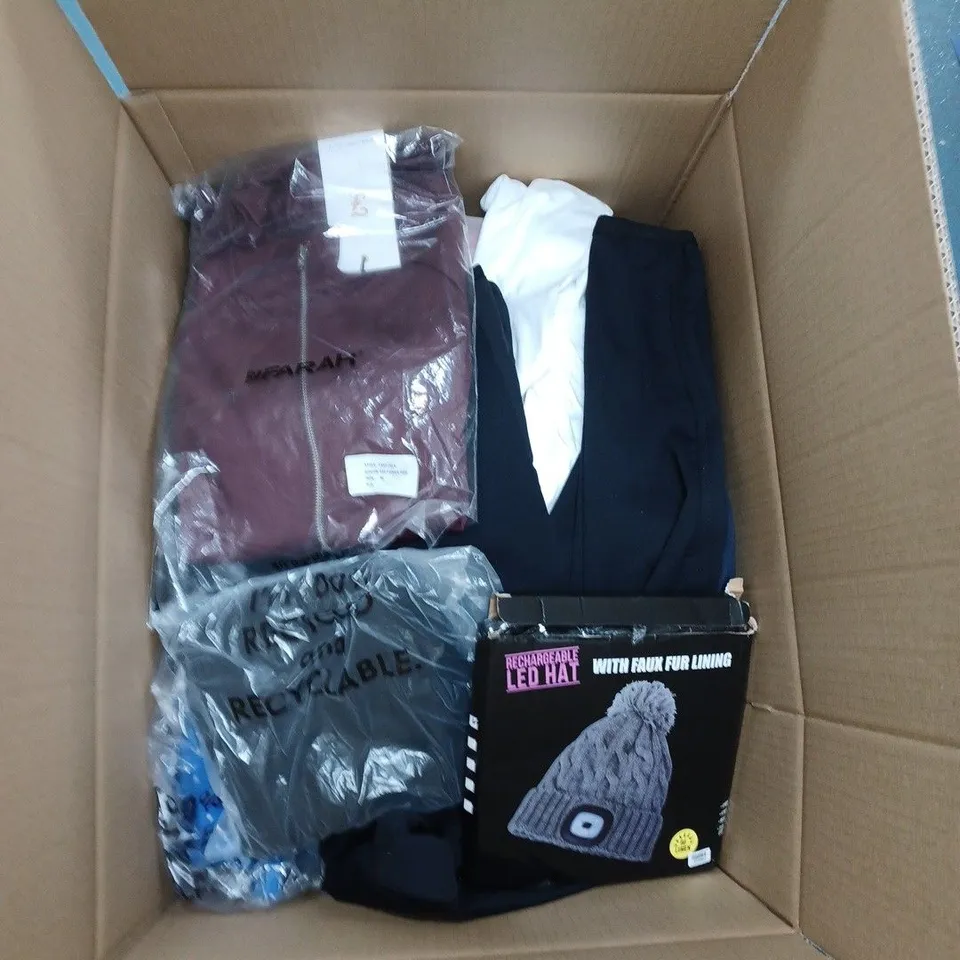 BOX OF ASSORTED CLOTHING ITEMS TO INCLUDE PYJAMAS, TOPS, UNDERWEAR ETC 