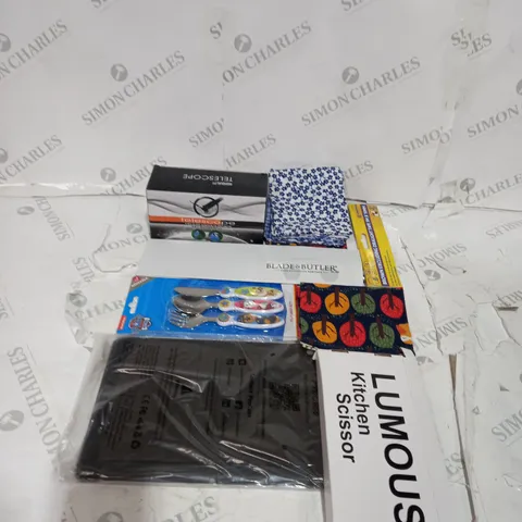 TOTE OF APPROXIMATELY 15 ASSORTED HOUSEHOLD ITEMS TOO INCLUDE SCISSORS , KNIFES AND TELESCOPES