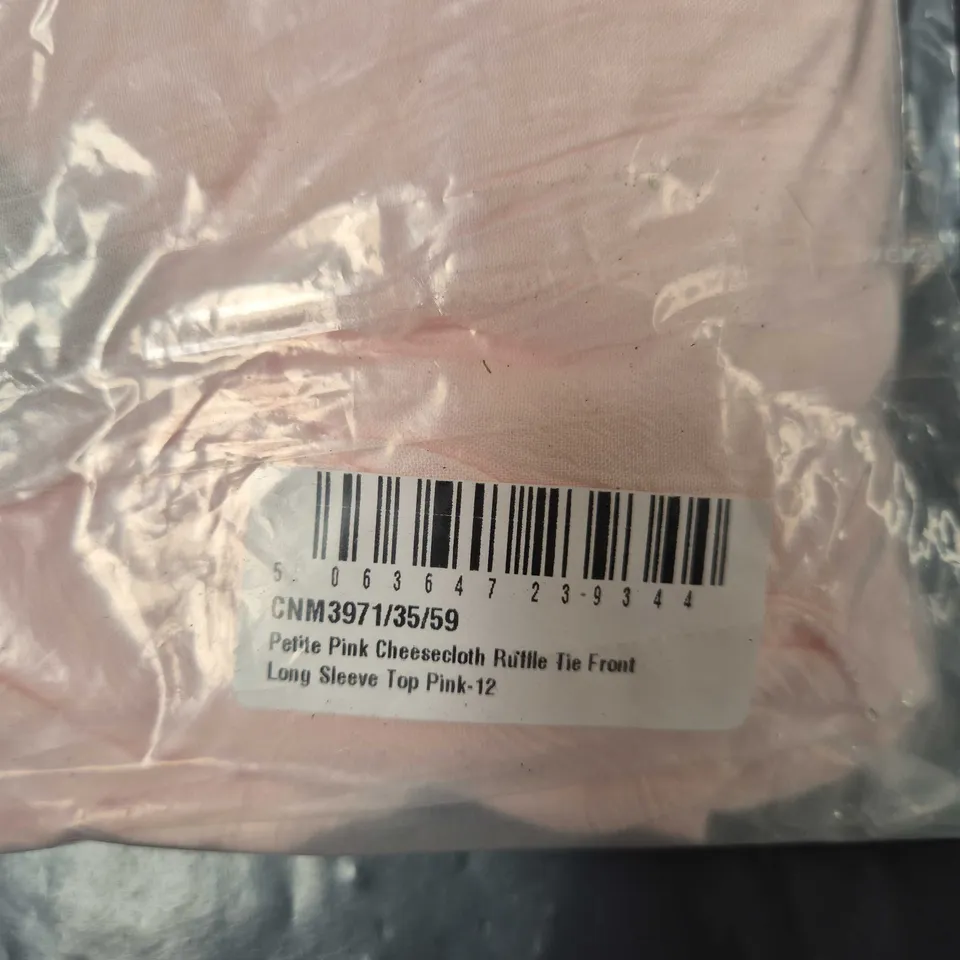 PETITE PINK CHEESECLOTH RUFFLE TIE FRONT LONG SLEEVE TOP – UK 12