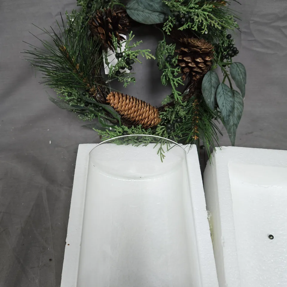 GREEN BERRIES AND PINECONES HURRICANE CHRISTMAS TABLE CENTRE