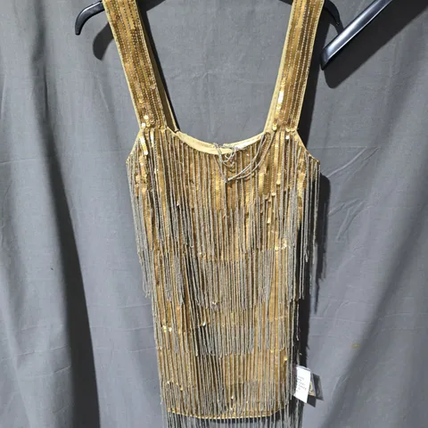 BOX OF APPROXIMATELY 25 CLOTHING ITEMS INCLUDING: GOLD DRESS, LEATHER LOOKING PANTS AND CARDIGAN