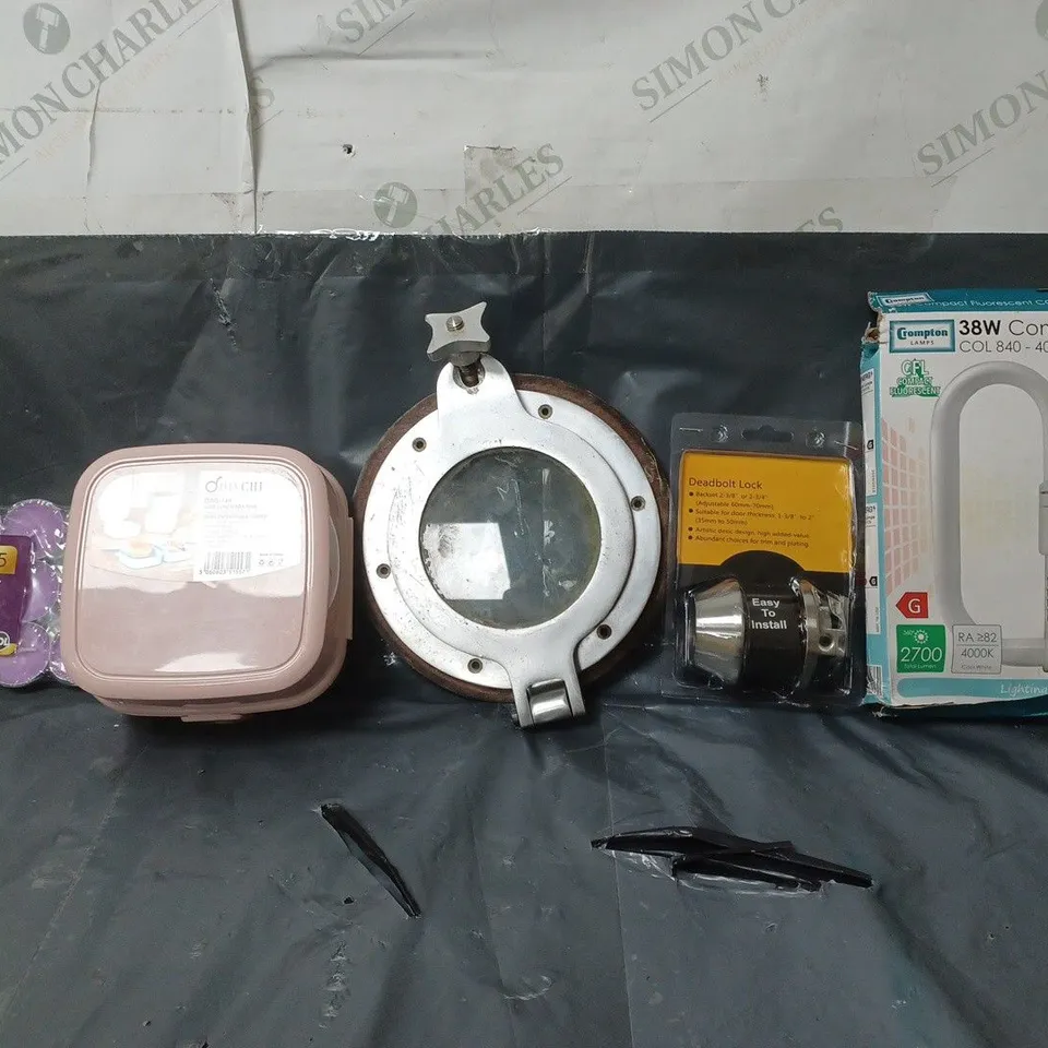 BOX OF APPROXIMATELY 8 ASSORTED ITEMS TO INCLUDE - DEADBOLT LOCK , 38W COMPACT FLUORESCENT CC , 15 TEA LIGHTS ETC