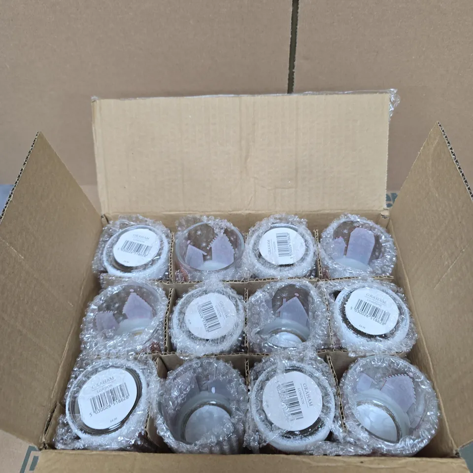 BOX OF 12 GISELA GRAHAM GINGERBREAD HOUSE GLITTER GLASS TEALIGHT HOLDERS