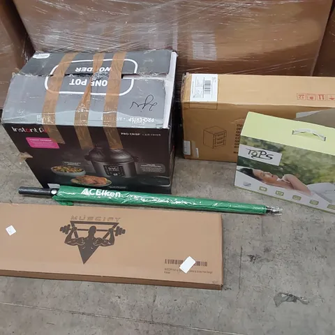 PALLET OF ASSORTED ITEMS INCLUDING: AIR FRYER, ELECTRIC BLANKET, CHEST OF DRAWERS, PULL UP BAR, UMBRELLA