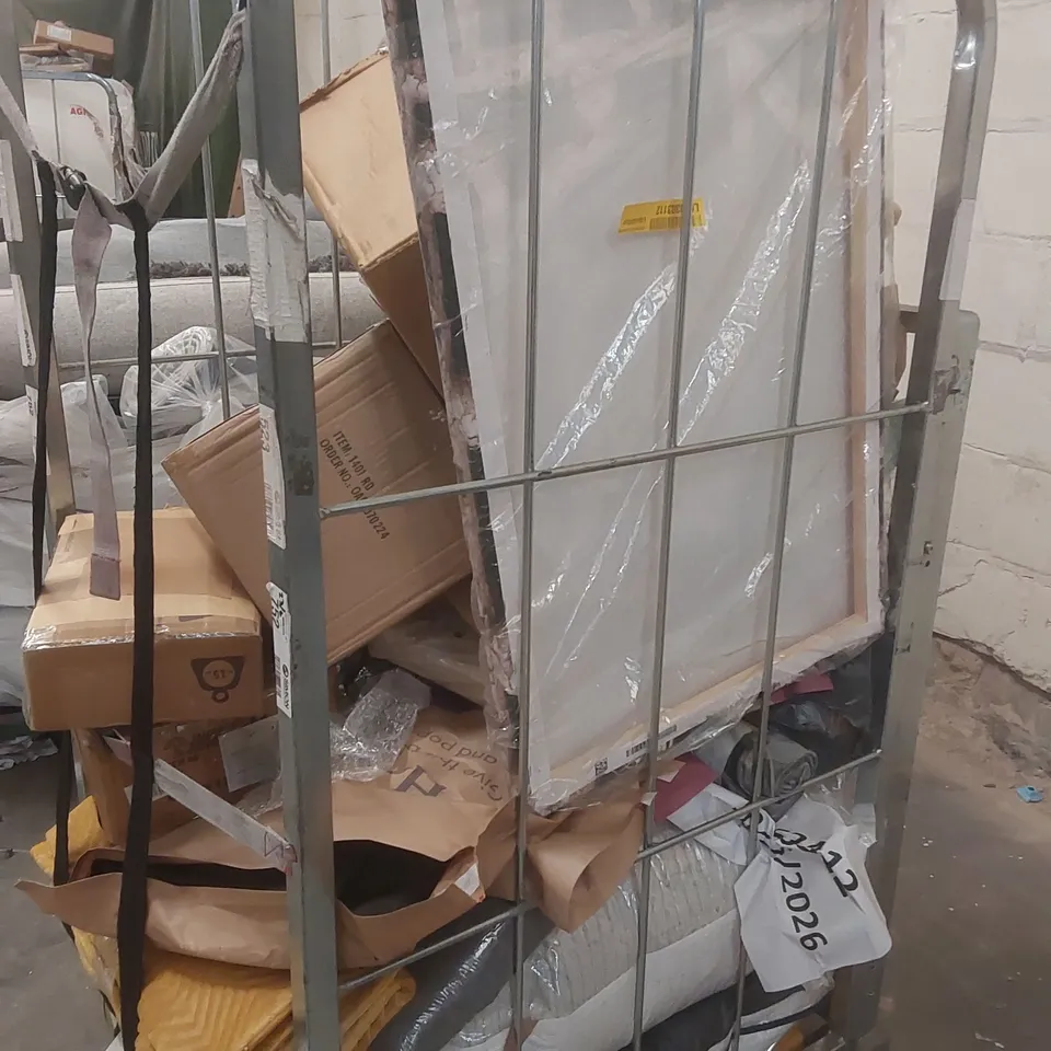 CAGE CONTAINING A LARGE QUANTITY OF ASSORTED ITEMS INCLUDING: PAINTING, THROW, TOWELS, PILLOWS ECT // CAGE NOT INCLUDED