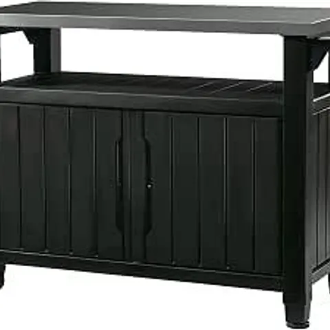 BOXED KETER UNITY XL OUTDOOR PORTABLE TABLE AND STORAGE CABINET - BLACK