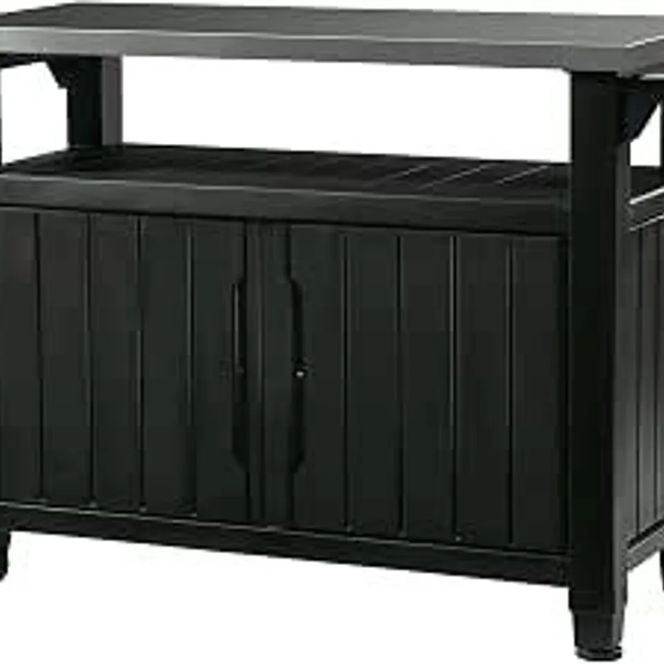BOXED KETER UNITY XL OUTDOOR PORTABLE TABLE AND STORAGE CABINET - BLACK