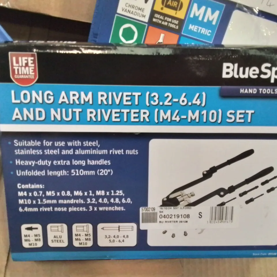 BOX CONTAINING MIXED TOOLS TO INCLUDE: BOXED BLUESPOT LONG ARM RIVET AND NUT RIVETER (M4-M10) SET,  16PC DEEP IMPACT SOCKET SET, 8 PC MICRO SOLDERING TERMINAL.