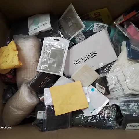 BOX CONTAINING LARGE AMOUNT OF MIXED FASHION ITEMS, SILVER PLATE AND COSTUME JEWELLERY, CLOTHING ITEMS ETC.