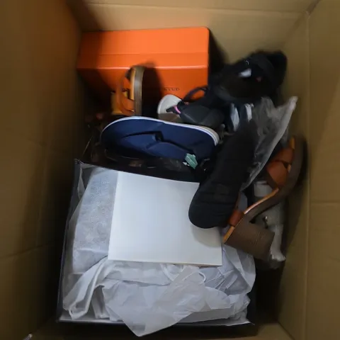 BOX OF APPROXIMATELY 12 PAIRS OF UNBOXED ASSORTED SHOES IN VARIOUS COLOUR, STYLES AND SIZES