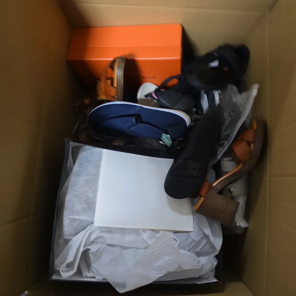 BOX OF APPROXIMATELY 12 PAIRS OF UNBOXED ASSORTED SHOES IN VARIOUS COLOUR, STYLES AND SIZES