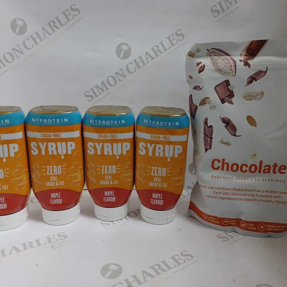 LOT OF 5 ITEMS TO INCLUDE 4 MYPROTEIN SUGAR FREE SYRUP (MAPLE FLAVOUR), THE FAST800 REAL FOOD SHAKE (CHOCOLATE - 10 SERVINGS)