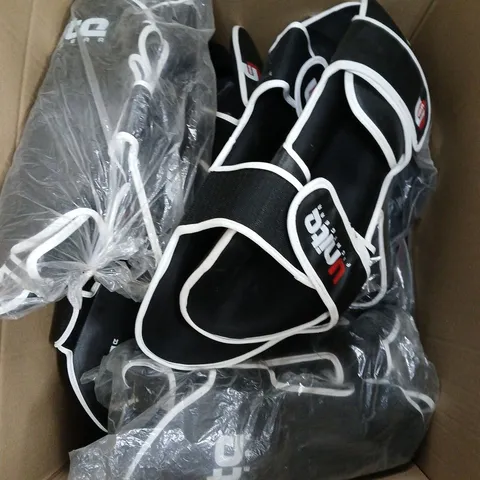 LARGE BOX OF ASSORTED FIGHTING GEAR TO INCLUDE UNIFORM, PADS, AND SHORTS ETC.