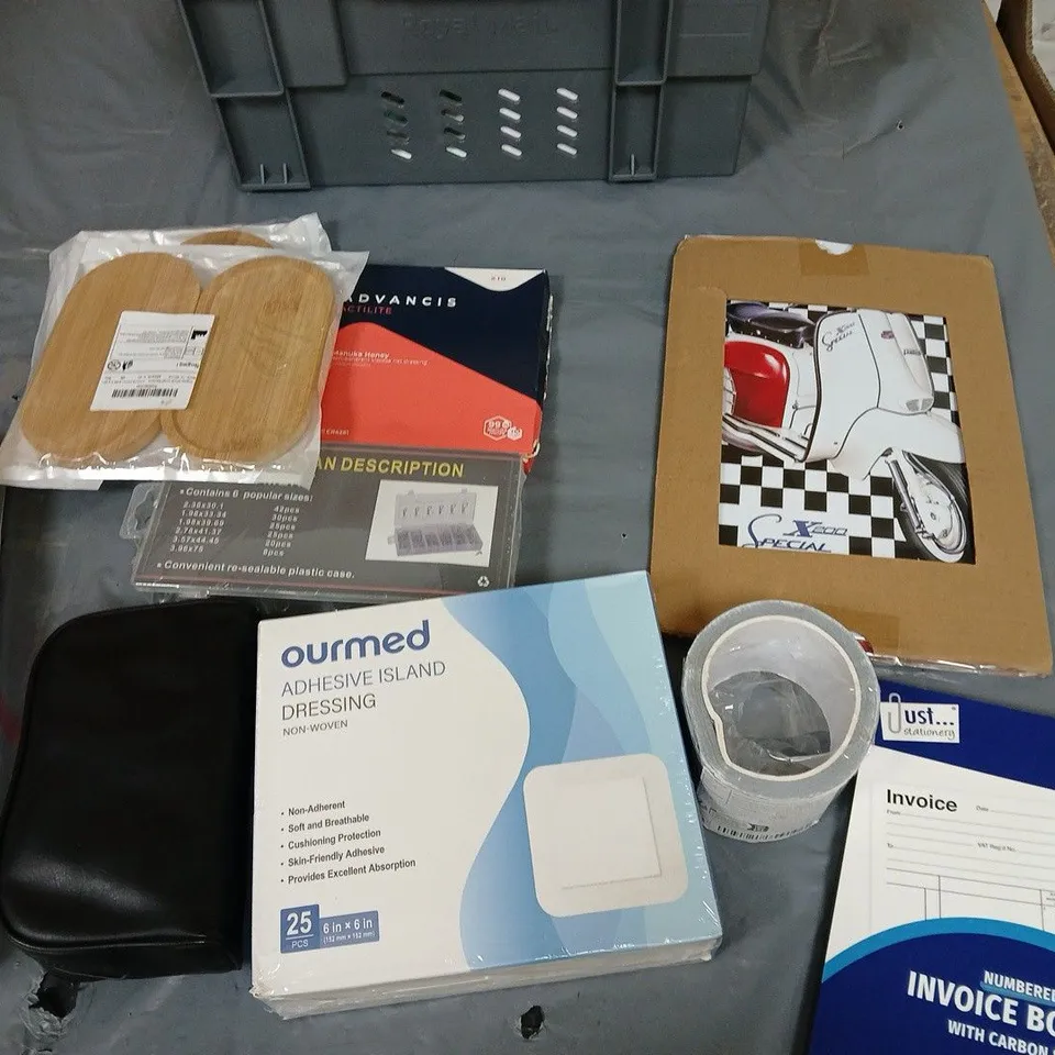 ASSORTED TOTE BOX INCLUDES APPROXIMATLEY 10 -15 ITEMS , METAL PSOTER, BLOOD PRESSURE APPARATUS , TAPE ECT