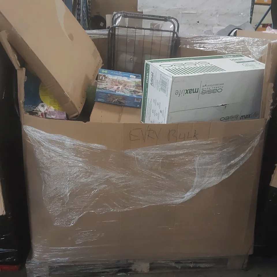 PALLET CONTAINING A VERY LARGE QUANTITY OF ASSORTED CONSUMER PRODUCTS INCLUDING: PAMPERS NAPPIES, LUMOCOLOUR PENS, JIGSAW, LAUNDRY BASKET ECT