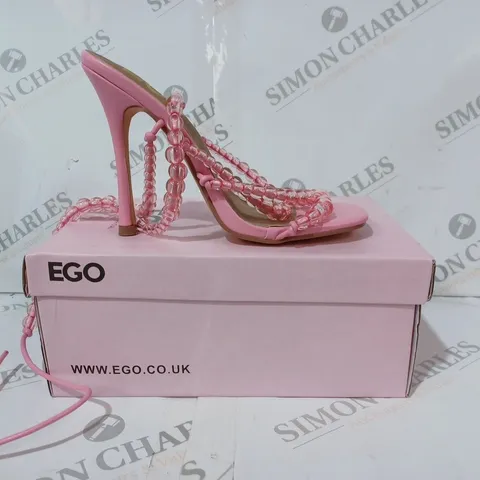 BOXED PAIR OF EGO OPEN TOE HIGH HEEL SANDALS IN PINK W. BEADED EFFECT UK SIZE 4