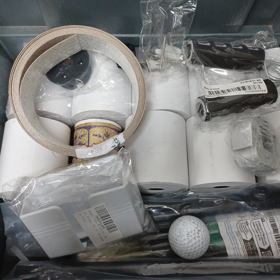 BOX OF APPROXIMATELY 12 ASSORTED ITEMS TO INCLUDE - GOLF BALLS , INSTANT NAILS , TACWISE BRAD NAILS ETC