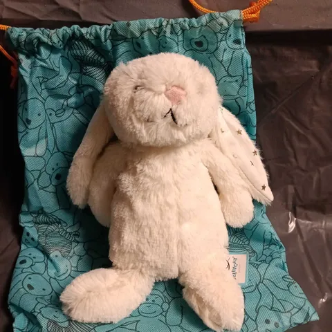 JELLYCAT LONDON CREAM PLUSH BUNNY WITH TEAL DRAWSTRING BAG – 'I AM CUTE DOLL' TAG