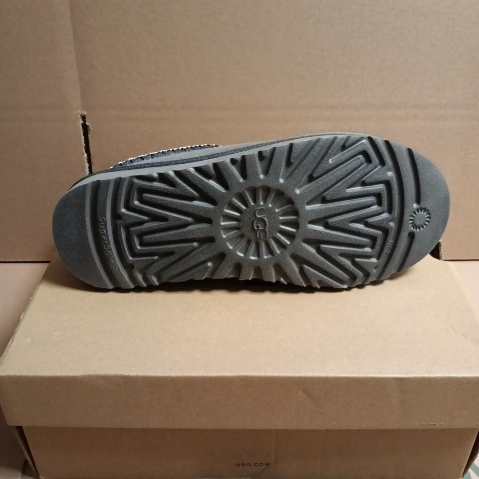 BOXED PAIR OF UGG SLIPPERS – CHARCOAL GREY SUEDE, FUR-LINED, SLIP-ON - SIZE UNSPECIFIED 