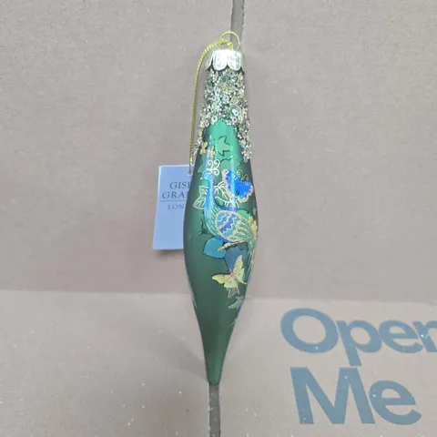 BOX OF 12 GISELA GRAHAM GREEN GLITTER PEACOCK HANGING TREE ORNAMENTS