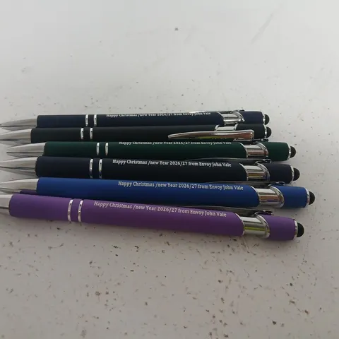 LARGE QUANTITY OF PROMOTIONAL BALLPOINT PEN SET, ASSORTED COLOURS – HAPPY CHRISTMAS / NEW YEAR 2026/27 FROM ENVOY JOHN VALE