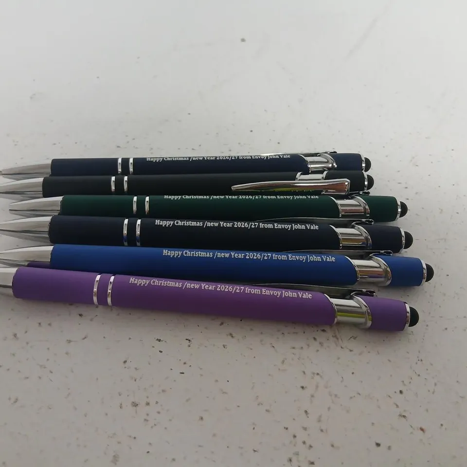 LARGE QUANTITY OF PROMOTIONAL BALLPOINT PEN SET, ASSORTED COLOURS – HAPPY CHRISTMAS / NEW YEAR 2026/27 FROM ENVOY JOHN VALE