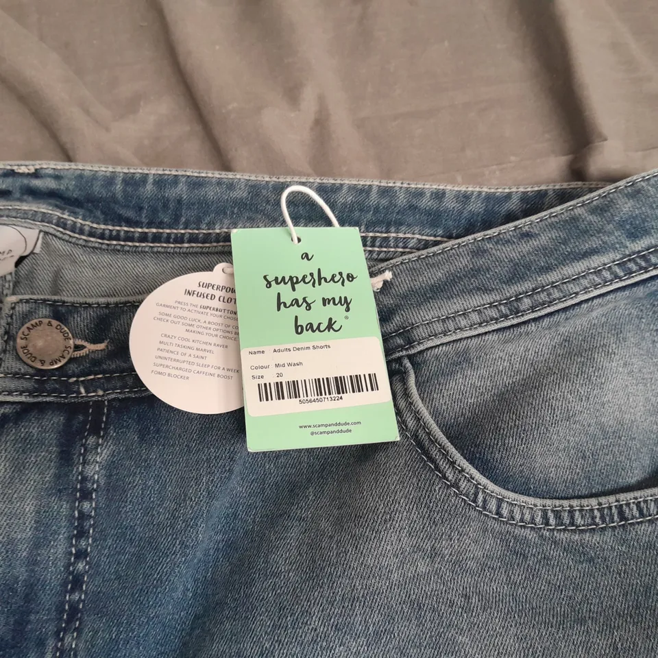 SCAMP & DUDE ADULTS DENIM SHORTS IN MID WASH - UK 20