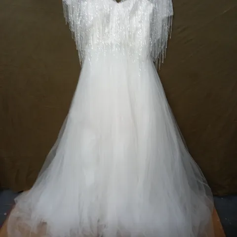 DAVID FIELDEN WEDDING DRESS WITH EMBELLISHED LACE SHOULDERS - SIZE UNSPECIFIED