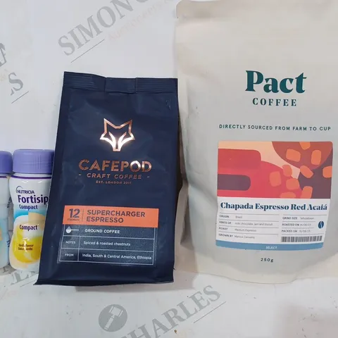 APPROXIMATELY 5 ASSORTED FOOD AND DRINK ITEMS TO INCLUDE PACT COFFEE CHAPADA ESPRESSO RED ACAIÁ, CAFEPOD SUPERCHARGER ESPRESSO, NUTRICIA FORTISIP COMPACT 125ML BOTTLE IN VANILLA FLAVOUR, ETC